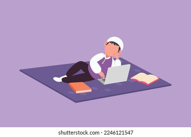 Cartoon flat style drawing little boy lying on floor and typing on laptop keyboard. Cute Arabian child using computer and learning from home. Kid studying at home. Graphic design vector illustration