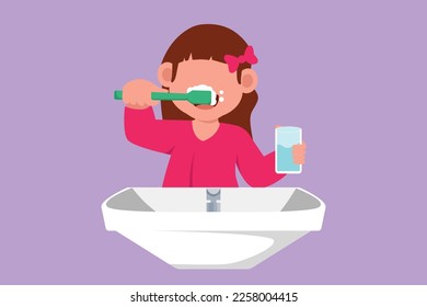 Cartoon flat style drawing little girl brushing her teeth in sink. Children routine habits every morning for cleanliness, health, and freshness of mouth and teeth. Graphic design vector illustration