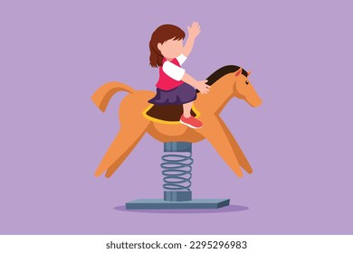 Cartoon flat style drawing little girl riding horse seesaw, kid having fun on playground. Children riding toy horse rocking. Happy girl riding horse swinging seesaw. Graphic design vector illustration