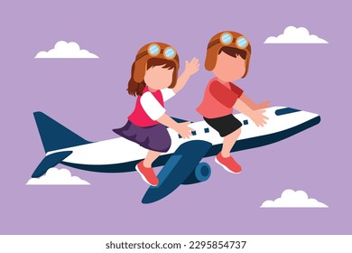 Caricatura de estilo plano dibujando a niños y niñas montando un pequeño avión de juguete. Niños felices en avión. Niños en avión de juguete eléctrico, viaje de verano, concepto de viaje. Ilustración vectorial de diseño gráfico