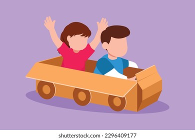 Cartoon flat style drawing little boy and girl driving with cardboard car. Happy child ride on toy car made of cardboard. Creative kids plays with her cardboard car. Graphic design vector illustration