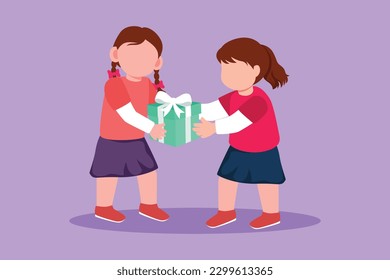 Cartoon flat style drawing little girl giving her friend birthday ribbon bow gift box. Children excited receiving gift from friend. Child hand over holiday present. Graphic design vector illustration