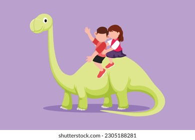 Cartoon flat style drawing little boy and girl caveman riding brontosaurus together. Kid sitting on back of dinosaur. Ancient human life concept. Stone age children. Graphic design vector illustration