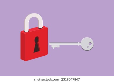 Cartoon flat style drawing of lock and key, isometric image. Key and lock symbol. Safety lock with key icon image. Success, solution, opportunity and safety concept. Graphic design vector illustration