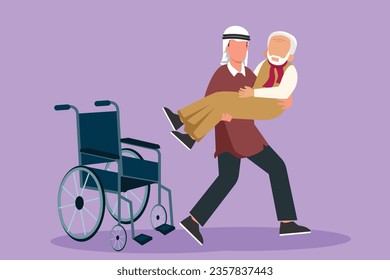Cartoon flat style drawing of loving Arabian son took his old disabled father from wheelchair carrying him in his arms. Happy senior man in hugs of his strong child. Graphic design vector illustration