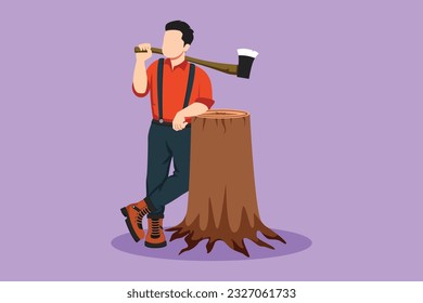 Dibujo de estilo plano de caricatura con lean sobre el tronco de madera. Llevando camisa, jeans y botas. Sujetando un hacha sobre su hombro. El leñador posa en el logo del bosque forestal. Ilustración vectorial de diseño gráfico