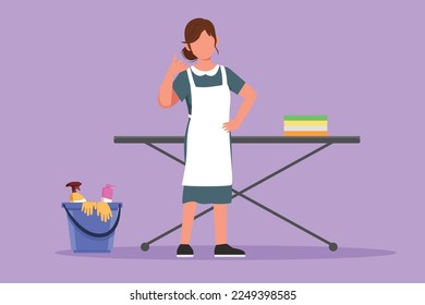 Cartoon flat style drawing maid in hotel standing in front of ironing board and clean equipment with call me gesture. Female worker working with great hospitality. Graphic design vector illustration