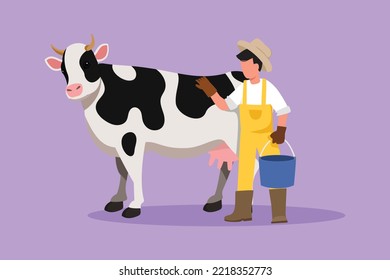 Cartoon flat style drawing male farmer character standing and rubbing the cow while carrying bucket of water. Man feeding farm animal. Successful farming activities. Graphic design vector illustration