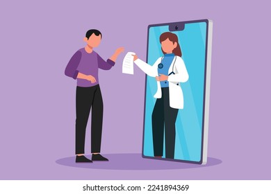 Cartoon flat style drawing of male patient receiving prescription from female doctor coming out of smartphone screen. Online medical healthcare consultation concept. Graphic design vector illustration