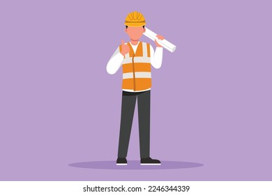 Cartoon flat style drawing male architect standing holding roll of paper work with thumbs up gesture and wearing helmet carrying blueprint for building's work plan. Graphic design vector illustration
