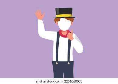 Cartoon flat style drawing male mime artist say hi with thumb up gesture, white face make up puts on silent motion comedy show at circus show. Creative job industry. Graphic design vector illustration