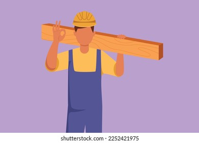 Cartoon flat style drawing male carpenter carrying wooden board with okay gesture and working in his workshop making wooden products. Skills in using carpentry tool. Graphic design vector illustration