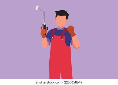 Dibujo de caricatura de estilo plano soldador masculino sostiene herramienta de soldadura con gesto de celebración y trabajo en construcción y formación de armazón de acero que se derrite por el fuego. Ilustración vectorial de diseño gráfico