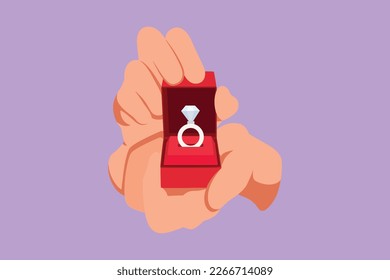 Cartoon flat style drawing male hand holding ring box as an engagement symbol. Groom gift for bride on their special day. Happy couple on marriage celebration day. Graphic design vector illustration