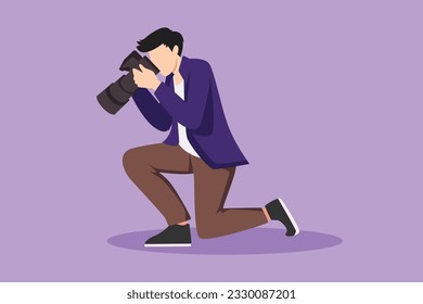 Cartoon flat style drawing male photographer kneeling and taking pictures. Photo equipment for journalist. Camera digital with high resolution. Studio photography. Graphic design vector illustration