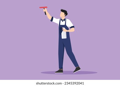 Dibujo de estilo plano de caricatura profesional masculino ocupado janitor limpiando interiores, oficina, ventana, lavado de piso, joven, feliz, usando guantes generales, protectores. Ilustración vectorial de diseño gráfico