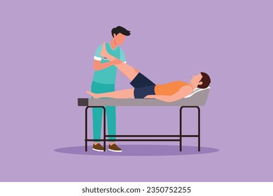 Cartoon flat style drawing male therapist helping patient to raise leg for exercise. Physical therapy treatment. Rehabilitation center. Passive and active exercise. Graphic design vector illustration