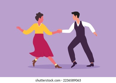 Cartoon flat style drawing man and woman dancing Lindy hop or Swing. Male and female characters performing dance at school or party night. Couple dancing together. Graphic design vector illustration