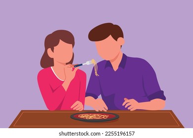 Cartoon flat style drawing man and woman eating pasta together. Young happy couple characters sitting at table eating fresh Italian cuisine pasta noodles fast food. Graphic design vector illustration