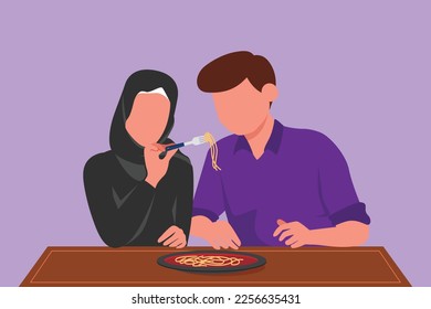 Cartoon flat style drawing man and woman eating pasta together. Happy Arabian couple character sitting at table eating fresh Italian cuisine pasta noodles fast food. Graphic design vector illustration