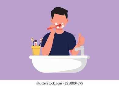 Dibujo de estilo plano dibujando al hombre cepillando dientes con gesto hacia arriba. Hábitos rutinarios de limpieza, salud, frescura de boca y dientes. Campaña de dientes saludables. Ilustración vectorial de diseño gráfico