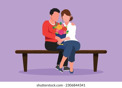 Cartoon flat style drawing man gives flowers to woman and hug her on bench. Young guy giving to female bouquet of flowers for propose. Happy romantic couple in love. Graphic design vector illustration