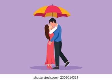 Cartoon flat style drawing of man and woman under umbrella stand in rain and kiss each other. Romantic couple lovers kissing. Happy boy and girl dating in rainy day. Graphic design vector illustration