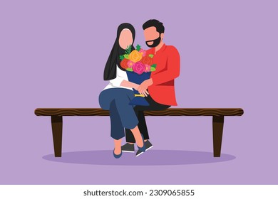 Cartoon flat style drawing man gives flowers to woman and hug her on bench. Guy giving to female bouquet of flowers for propose. Happy romantic Arab couple in love. Graphic design vector illustration