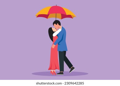 Cartoon flat style drawing man and woman under umbrella stand in rain and kiss each other. Romantic Arabian couple lovers kissing. Boy and girl dating in rainy day. Graphic design vector illustration