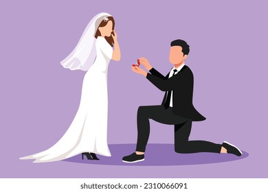 Caricatura de dibujo de estilo plano hombre arrodillado sosteniendo el anillo de compromiso proponiendo que la mujer se case con él con el vestido de novia. Hombre de rodillas proponiendo una chica de belleza para casarse. Ilustración vectorial de diseño gráfico