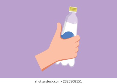 Cartoon flat style drawing man squeezes in his hand an empty plastic bottle isolated on blue background. Plastic problem and failure or disposal and recycling icon. Graphic design vector illustration