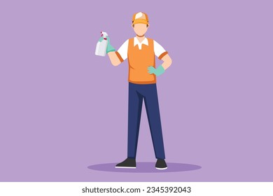 Cartoon flat style drawing man washing windows at home. Housework chores, male doing house work domestic duties. Guy cleaning and tidying up. Housekeeping routine. Graphic design vector illustration