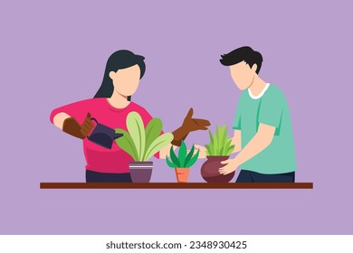 Dibujo de caricatura de estilo plano hombre mujer pulverizando y flores de agua en una estantería con una lata de agua. Una pareja feliz se encarga de los deberes, las flores en las macetas disfrutando de la jardinería. Ilustración vectorial de diseño gráfico