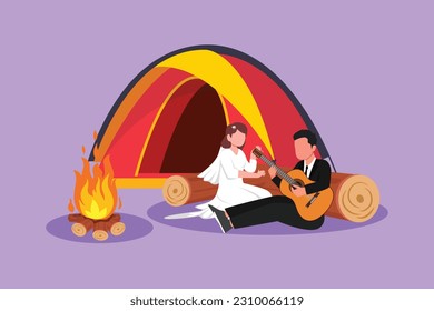 Cartoon flat style drawing of married couple with wedding dress sitting by campfire next to camp tent. Man playing music on guitar, girl listen and singing together. Graphic design vector illustration