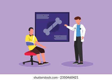 Cartoon flat style drawing medical doctor showing x-ray picture with limb fracture to male patient with broken arm photo. Healthcare, man with injured bandaged hand. Graphic design vector illustration