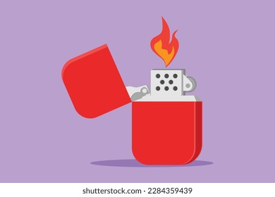 Cartoon flat style drawing metal cigarette lighter logotype, label, template, symbol. Fire from lighter icon. Manual, gas lighter with burning flame in flat style. Graphic design vector illustration