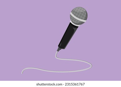 Cartoon flaches Zeichenmikrofon für Karaoke einzeln auf blauem Hintergrund. Mic Equipment zum Singen beim Karaoke Festival. Musik-Mikrofon-Logo, Symbol, Symbol. Grafikdesign, Vektorgrafik