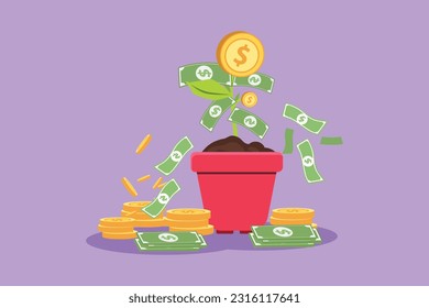 Cartoon flat style drawing money tree logo, icon, symbol. Green cash banknotes with golden coins. Tree in ceramic pot. Concept of earnings, success in work, money. Graphic design vector illustration