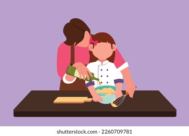 Dibujo plano de la madre que ayuda a su hija a hacer masa añadiendo aceite de oliva. Preparación de pastelería en una acogedora cocina en casa. Mamá y niños cocinando juntos. Ilustración vectorial de diseño gráfico