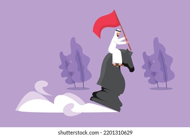 Cartoon flat style drawing motivation Arabian businessman riding big chess horse knight and holding flag, strategy, goals, competitive, strategic move in business. Graphic design vector illustration
