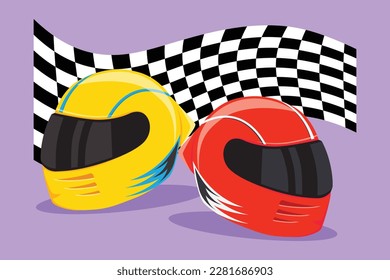 Cartoon flat style drawing motor racing helmet with closed glass visor and flag. For car and motorcycle sport, race, motocross or biker club, motorsport competition. Graphic design vector illustration