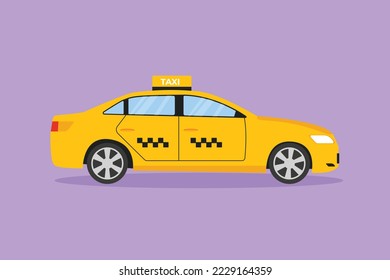 Cartoon flat style drawing newest modern taxi car uses a meter, GPS, and can be ordered online. Technological advances in transportation. Vehicle in urban lifestyle. Graphic design vector illustration