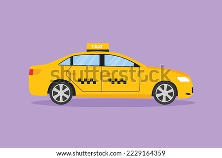 Cartoon flat style drawing newest modern taxi car uses a meter, GPS, and can be ordered online. Technological advances in transportation. Vehicle in urban lifestyle. Graphic design vector illustration