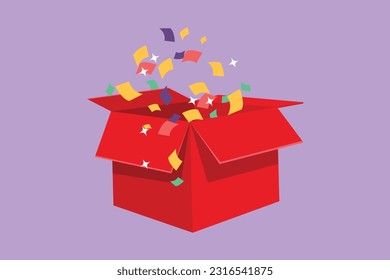 Dibujo plano de caricatura de caja de regalo abierta y confeti. Ingresa para ganar premios. Presentar el paquete con elementos reventados, sorpresa dentro, logotipo de cumpleaños, icono, símbolo. Ilustración vectorial de diseño gráfico