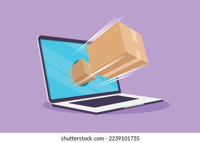 Cartoon flat style drawing package box out of large laptop screen. Online delivery website concept. Fast respond and package shipping to customer. Online store tech. Graphic design vector illustration