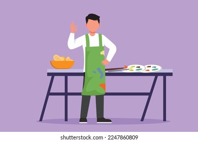 Cartoon flat style drawing of painter standing with gesture okay near table and painting tools to produce artwork on canvas in workshop studio. Creative work or job. Graphic design vector illustration