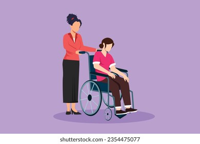 Cartoon flat style drawing of paramedic help disabled woman in wheelchair in transportation. Spend time together with fun, equal opportunities. Volunteer assistance. Graphic design vector illustration