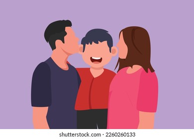 Cartoon flat style drawing parents kissing their little boy on his cheeks. Adorable child with an innocent expression. National children day. Happy family with love. Graphic design vector illustration