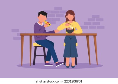 Cartoon flat style drawing people eating at table, sitting, talking in fast food bistro at leisure time. Man and woman friends having meal, pizza, noodles together. Graphic design vector illustration