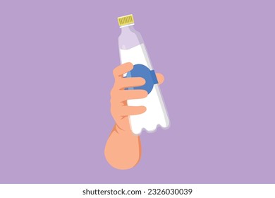 Cartoon flat style drawing people hand holding plastic bottle of pure drinking water refreshing. Human drinking water after run, sport and health care concept icon. Graphic design vector illustration